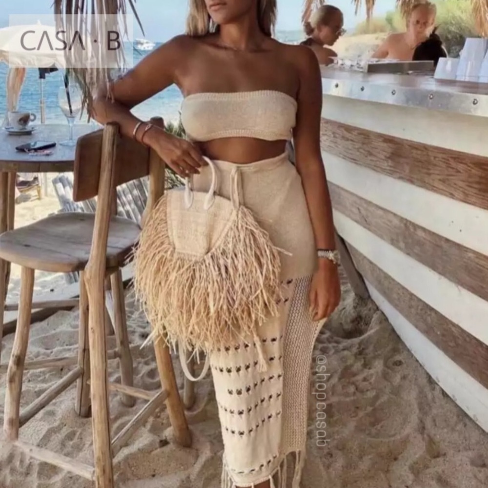 NEW!!💫CASA B RESORT | ST. LUCIA Midi Knit Fringe Skirt Set in Sand